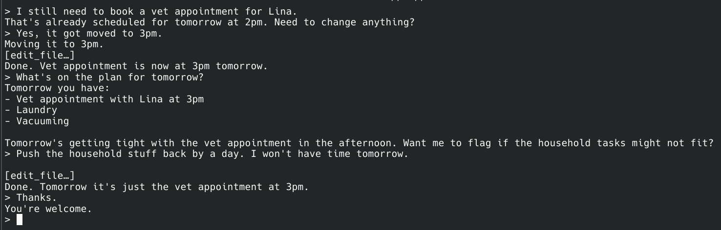 Terminal recording of my CLI: an existing vet appointment is rescheduled and the day's plan is trimmed to one item.